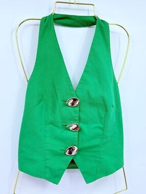 Commense Green Halter Vest Top XS Button Front Tailored Chic